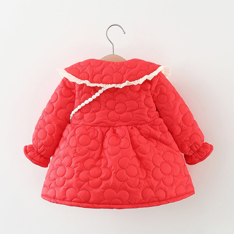 Baby Girl Autumn And Winter Flower Coat Toddler Doll Collar Ruffles Sweet Warm Coat