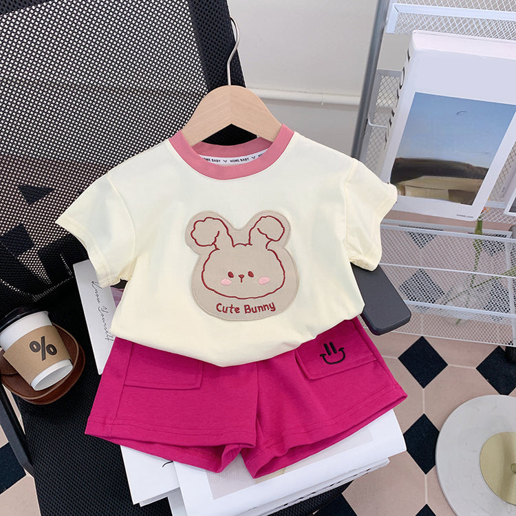 Cute Baby Girl Round Neck Short Sleeve Rose Red Two-piece Set