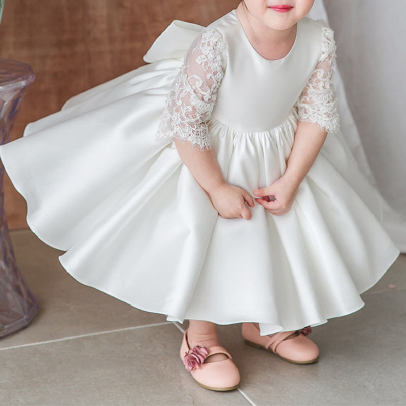 Baby Girl and Toddler White Lace Sleeve Puffed Christening Dress