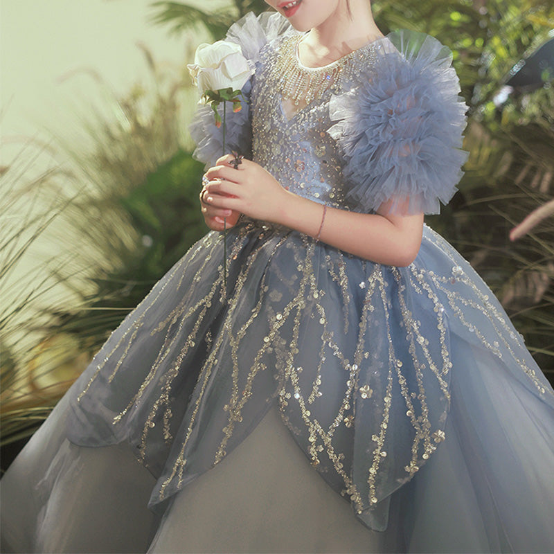 summer gray dress Flower Girl Dress Toddler Ball Gowns Summer Birthday Party Dress Gray Puffy Sequins Pageant Dress, Blue / 11-12 Years (160cm)