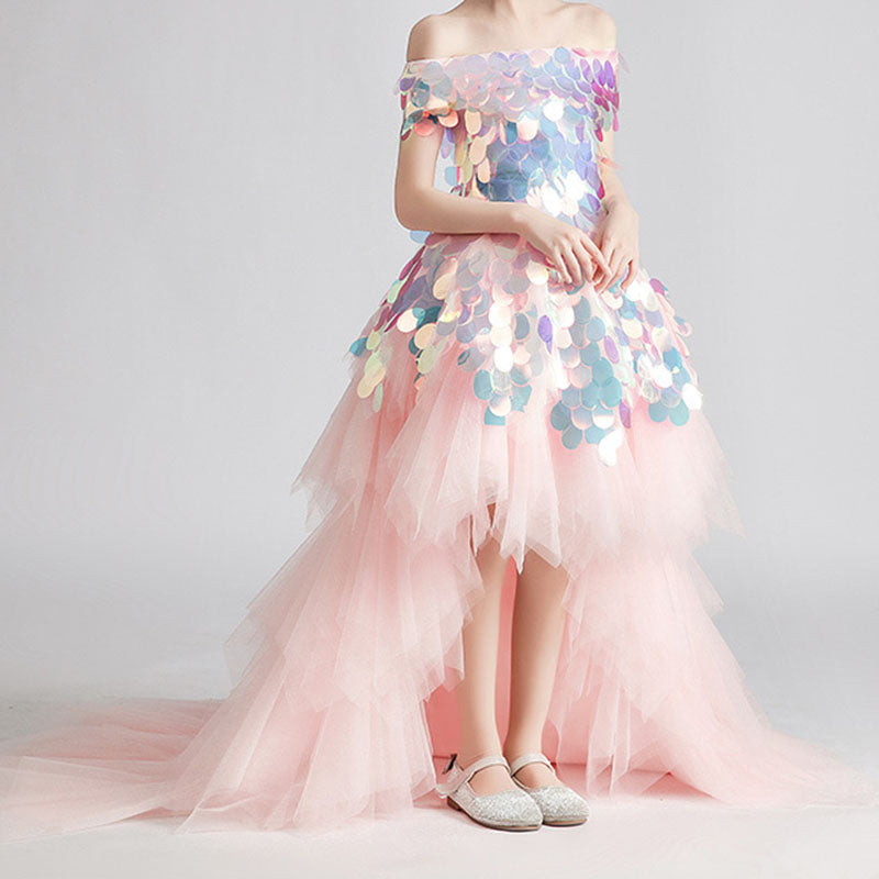 pink dress with tail Long Pink Embellished Dress with Feathered Tail XL