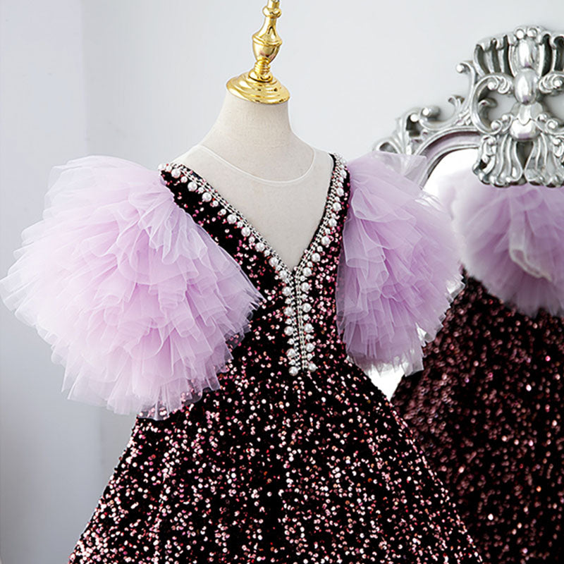 Toddler Ball Gowns Girl Communion Purple Sequin Long Puff Sleeves Princess Pageant Dress