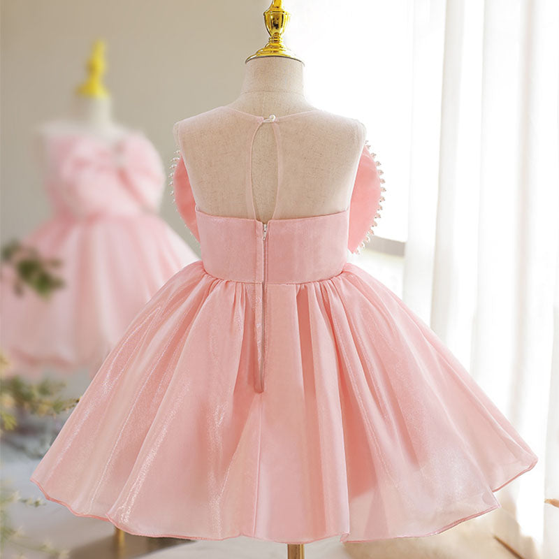 Flower Girl Dress Toddler Prom Easter Princess Pink Sleeveless Big Bowknot Beaded Party Dress