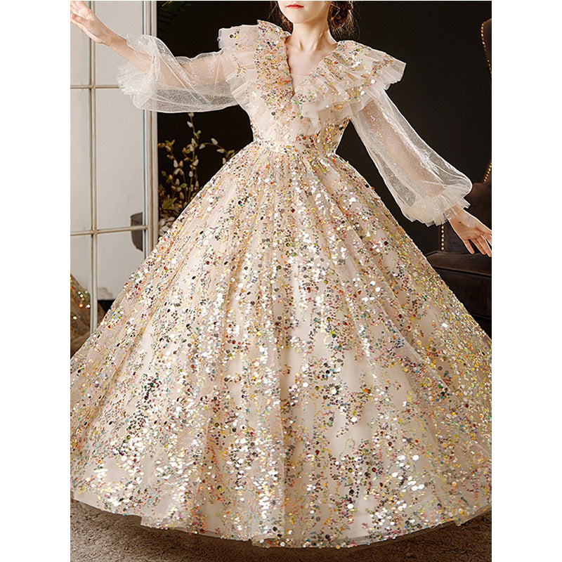 Girls Summer Gold Sequin Long Sleeve Fluffy Elegant Pageant Princess Dress