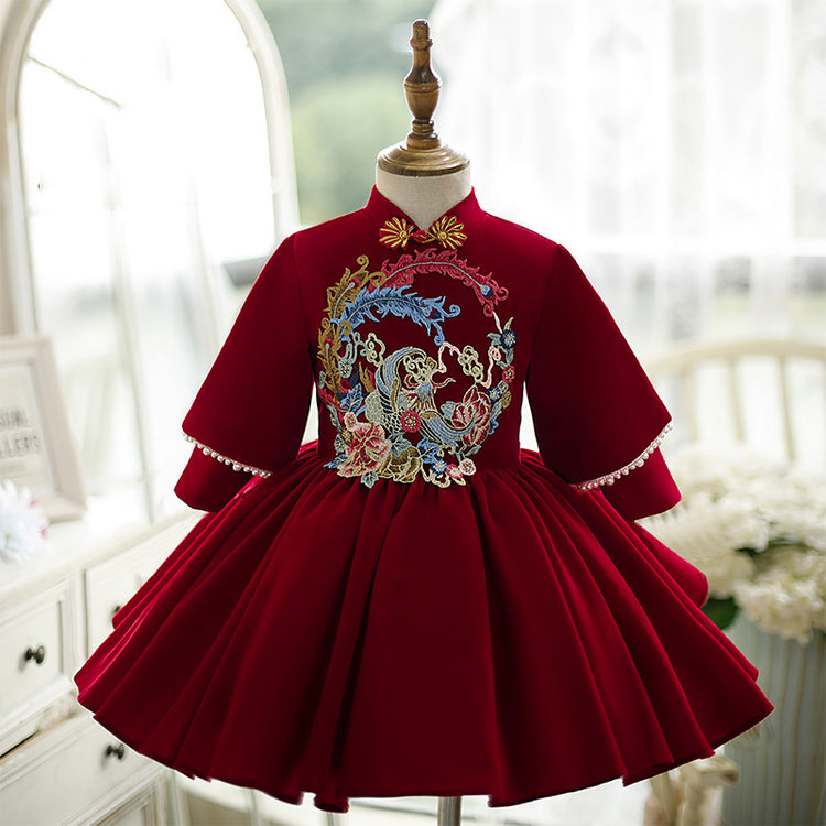 Girl Christmas Dress Flower Girl Dress Toddler Ball Gowns Winter Retro Palace Red Embroidered Princess Dress