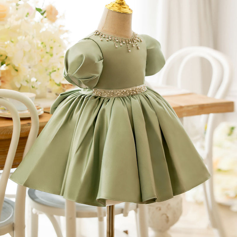 Little Girls Dress Toddler Green Pearl Communion Formal Princess Birthday Party Dress