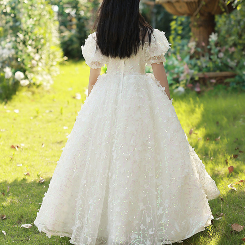 Flower Girl Dress Girl Summer White Puff Sleeve Butterfly Sequins Birthday Party Dress