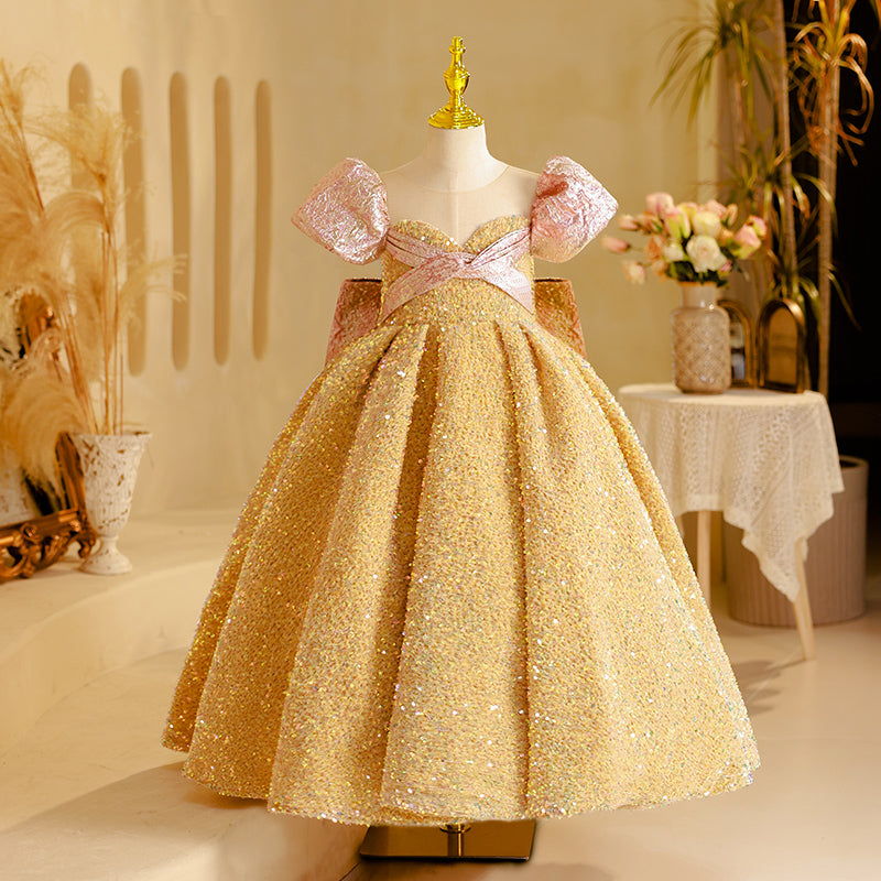 Flower Girl Dress Children Bow Sequins Beauty Pageant Princess Dress, Gold / 3-4 Years (110cm) Flower Girl Dress Children Bow Sequins Beauty Pageant Princess Dress, Gold / 3-4 Years (110cm)