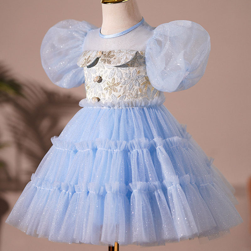 Baby Girl Summer Blue Printed Puffy Princess Party Dress
