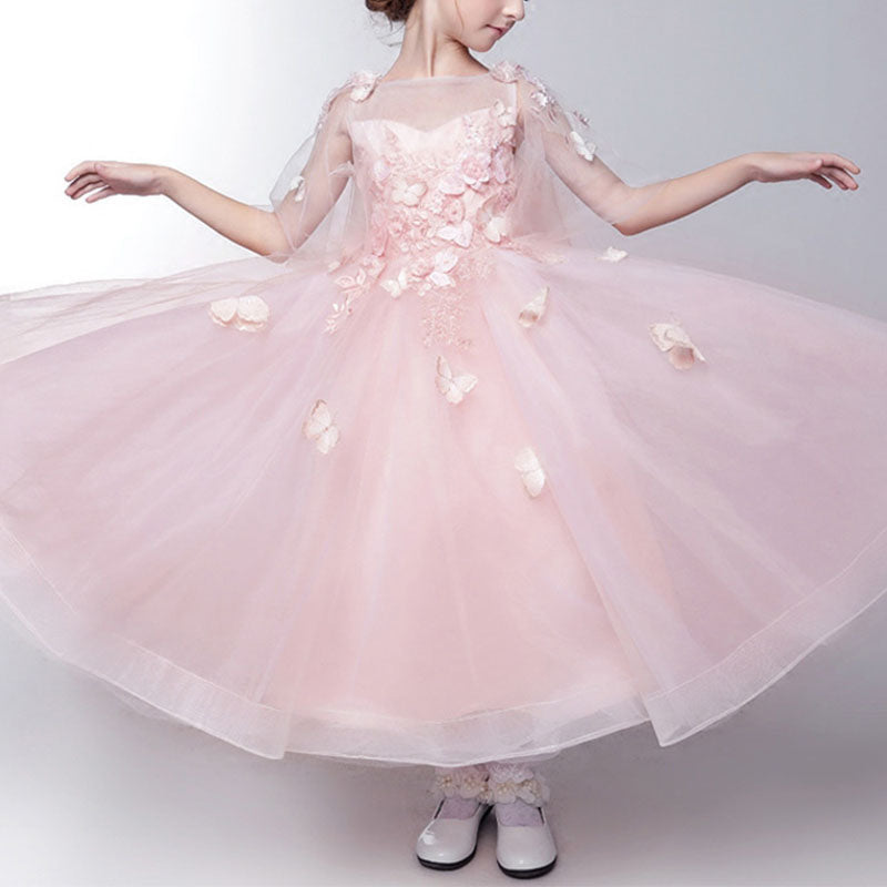 Flower Girls Dress Toddler Embroidery Butterfly Wedding Birthday Grace Trailing Dress