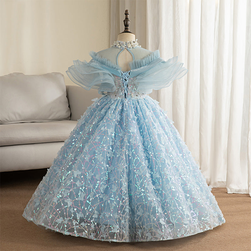 blue toddler dress for wedding Sky Blue Lace dusty Blue childrens dress with Long Sleeves, Appliqued Ball Gown, and Tulle