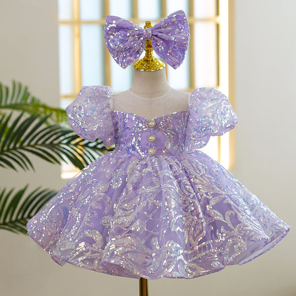 Baby Girl Formal Princess Dress Toddler Purple Sequin Puff Sleeve Birthday Dress