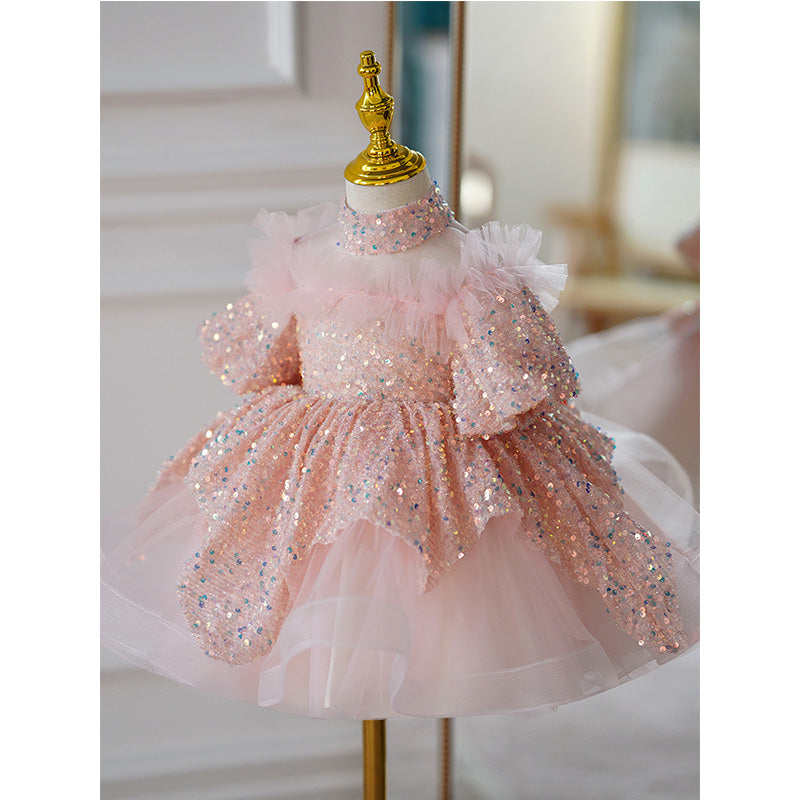 Toddler Prom Dress Girl Summer Pink Birthday Party Net Yarn Sequin Puffy Dress