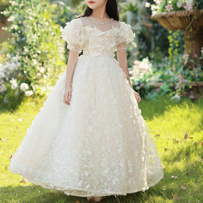 Flower Girl Dress Girl Summer White Puff Sleeve Butterfly Sequins Birthday Party Dress