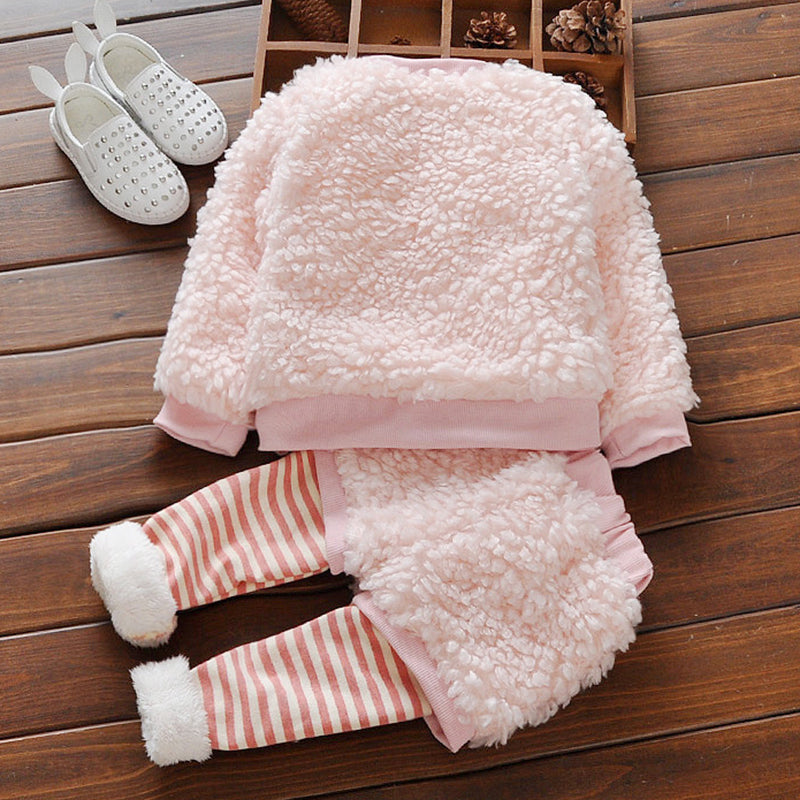 Little Girl Warm Suit Toddler Pink Lamb Stripe Wool Baby Suit