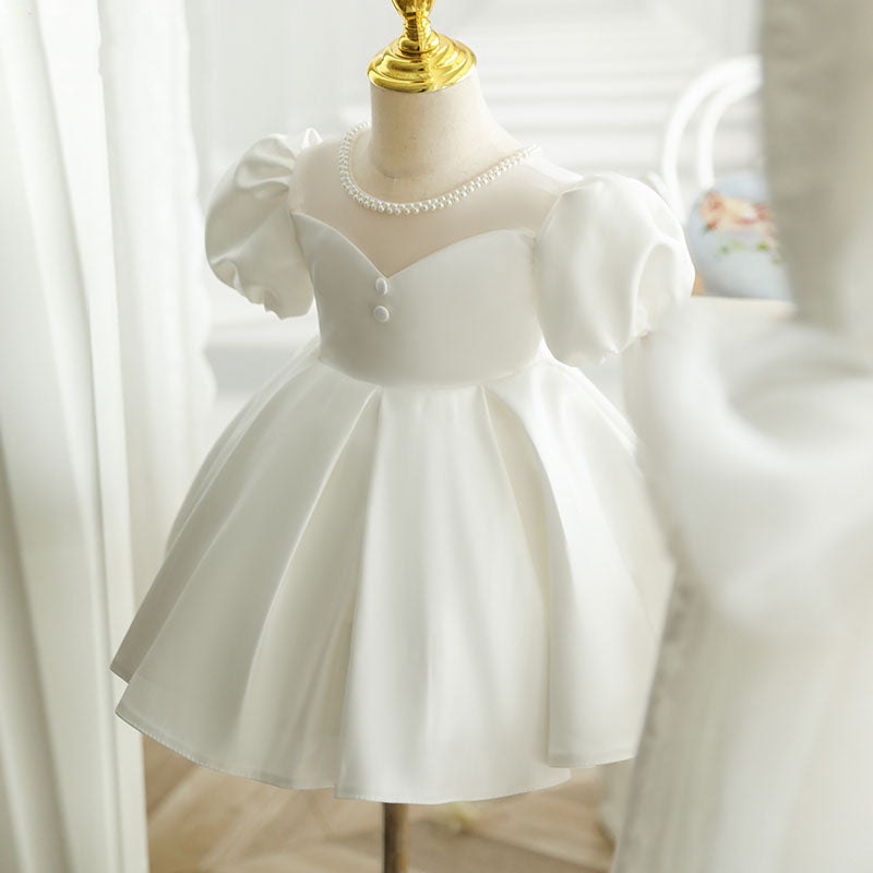 First Communion Dress Baby Girl White Textured Beaded Neck Puffy Christening Dress Toddler Prom Dress