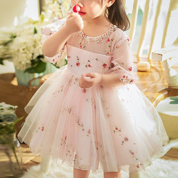 Toddler Dress Girl Summer Pink Flower Communion Printing Cute Princess Dress