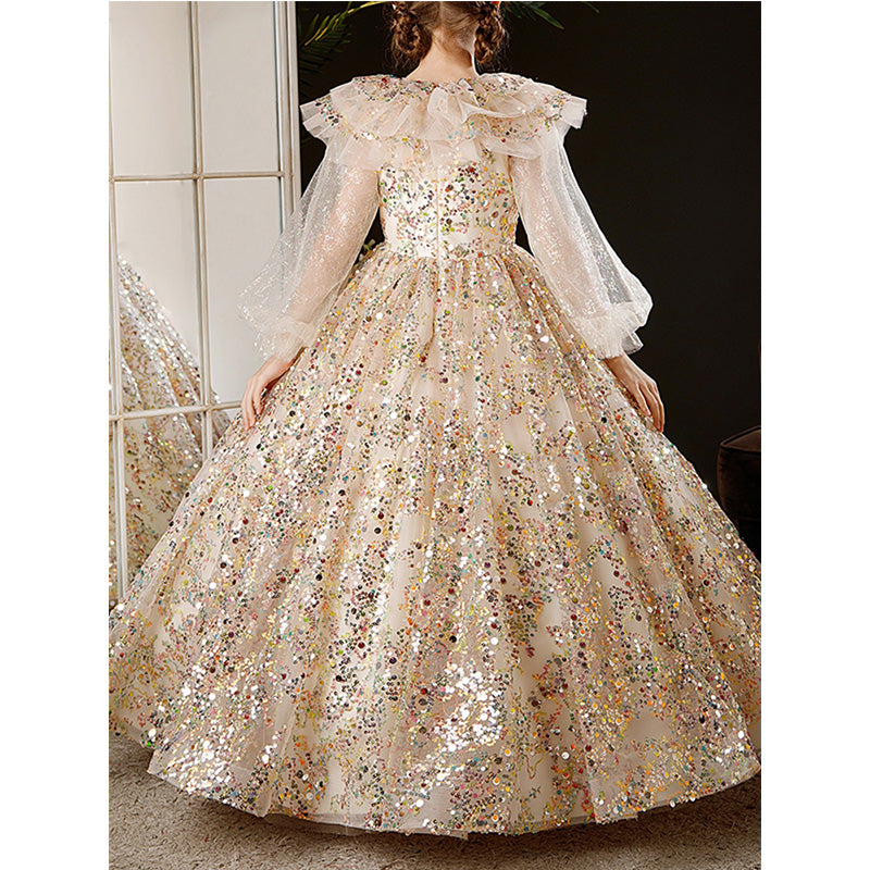 Girls Summer Gold Sequin Long Sleeve Fluffy Elegant Pageant Princess Dress