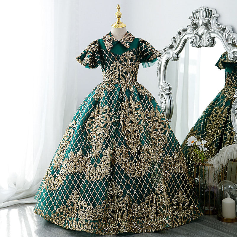 Girl Pageant Dress Children Vintage Gorgeous Green Gold Sequin Party Princess Communion Dress