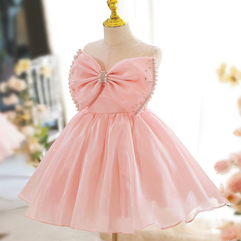 Flower Girl Dress Toddler Prom Easter Princess Pink Sleeveless Big Bowknot Beaded Party Dress