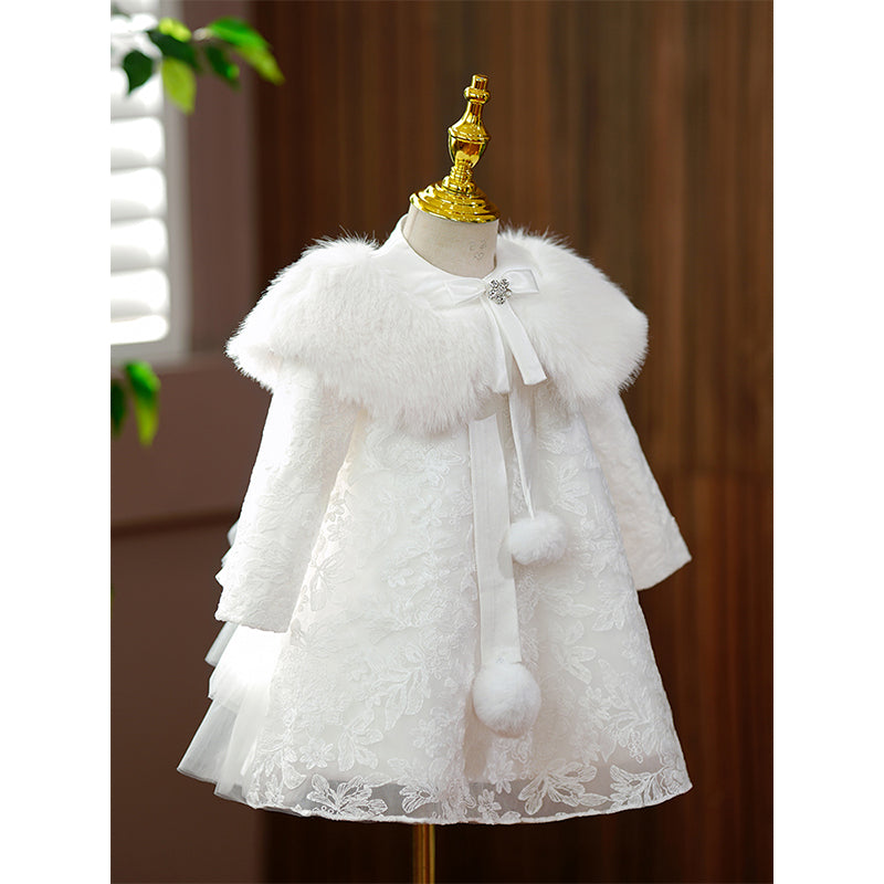 Baby Girl Autumn Winter  Flower Dress Girl Plush Lace Long Sleeve Baptism Princess Dress