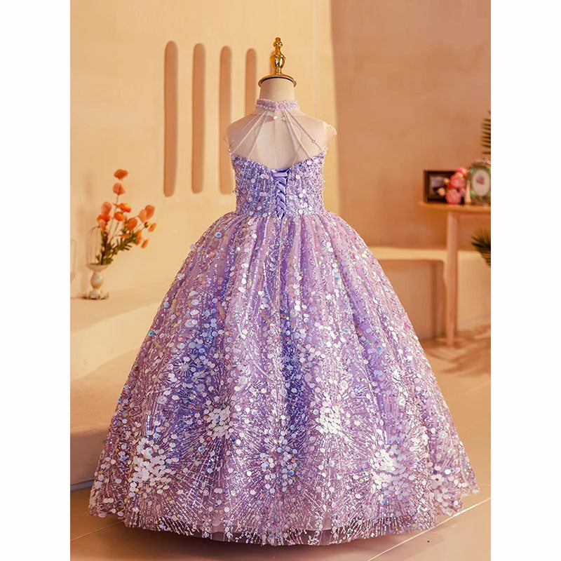 Elegant Baby Girls Purple Strapless Sequin Dress Toddler Girls Pageant Dresses
