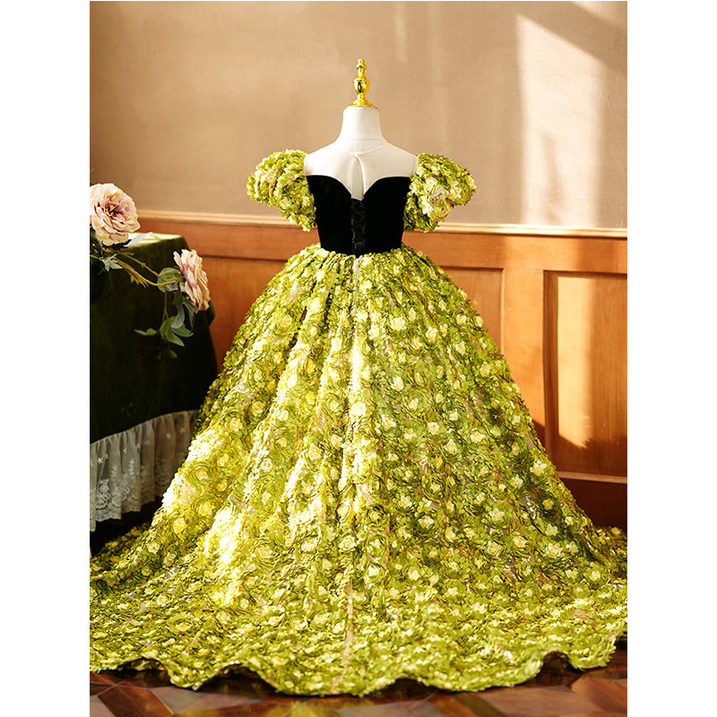 Flower Girl Dress Children Color Contrast Green Floral Puff Sleeve Trailing Princess Communion Dress