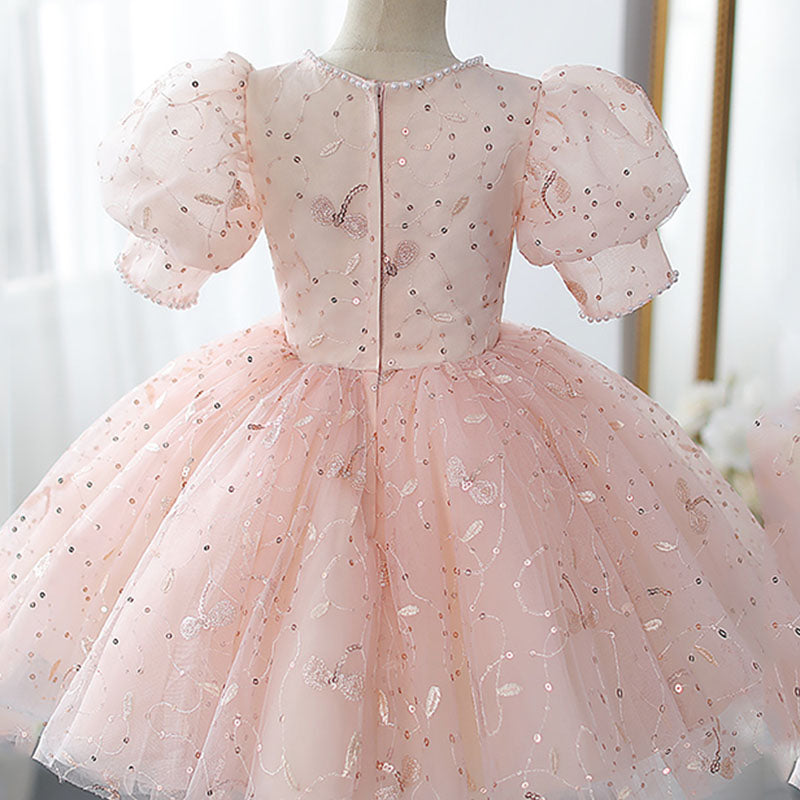 Flower Girl Dress Toddler Easter Summer Pink Sequin Puff Sleeve Princess Dress