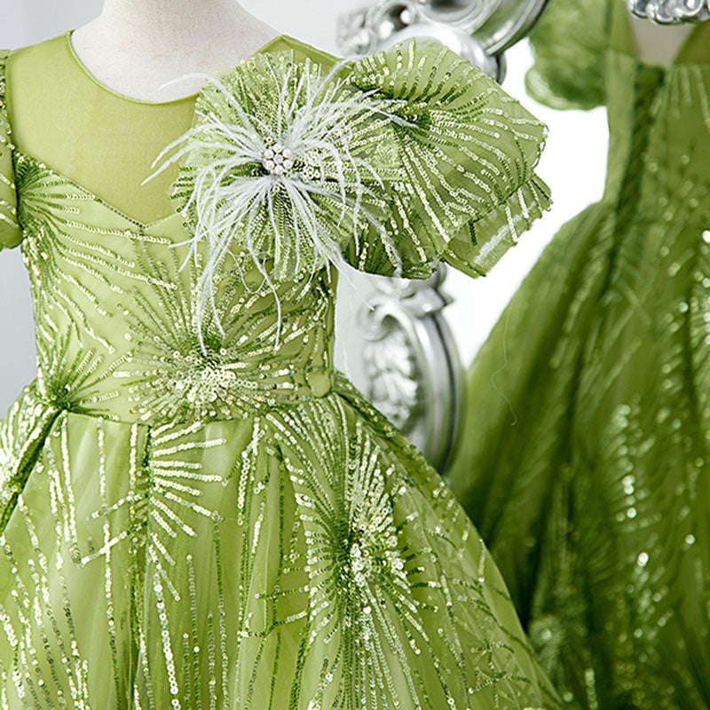 Flower Girl Dress Children Communion Light Green Sequined Puff Sleeves Princess Dress
