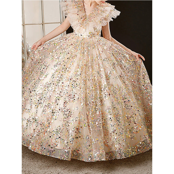 Girl Summer Gold Sequins Puffy Elegant Pageant Princess Dress
