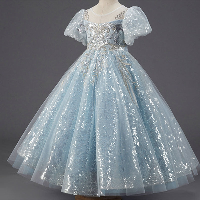 Sky Blue Sequined Puff Sleeve Princess Dress