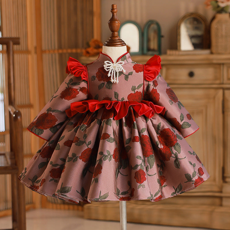 Flower Girl Dress Toddler Ball Gowns Dress Long Sleeve Printed Embroidered Princess Dress