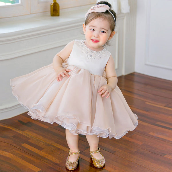 Baby Girl Princess Dress Sleeveless Beaded Neck Puffy Birthday Party Dress