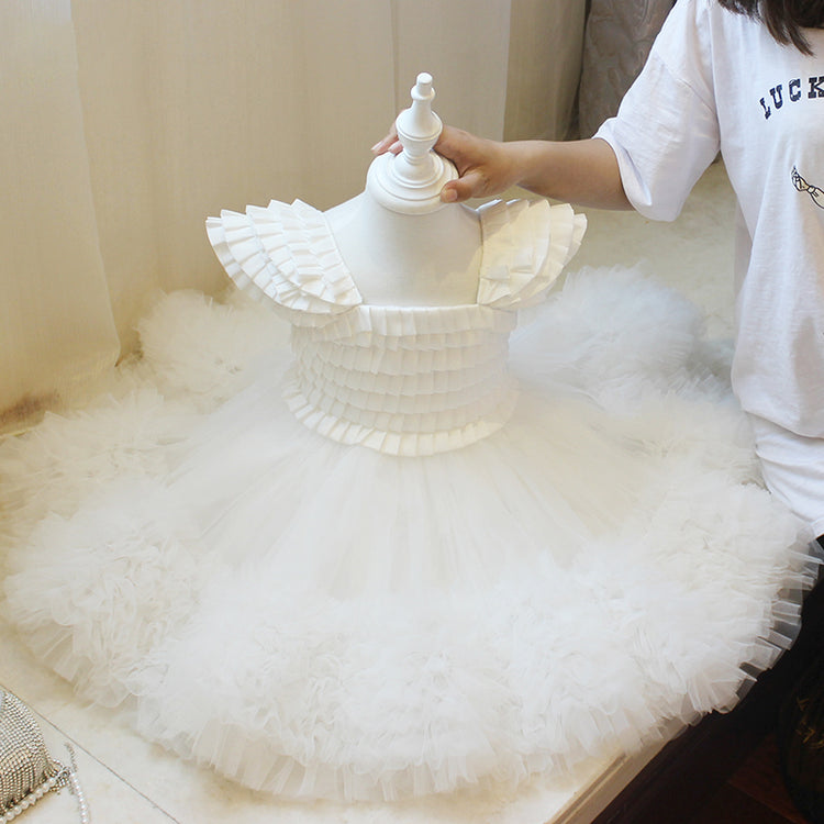 Baby Girl Dress Toddler Birthday Party Communion White Cake Fluffy Baptism Dress