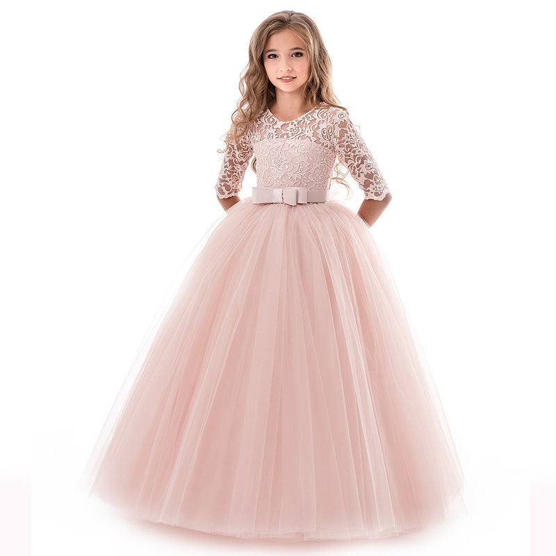 Girl Formal Princess Dress Sweet Long Embroidered Sleeve Pageant Party Dress