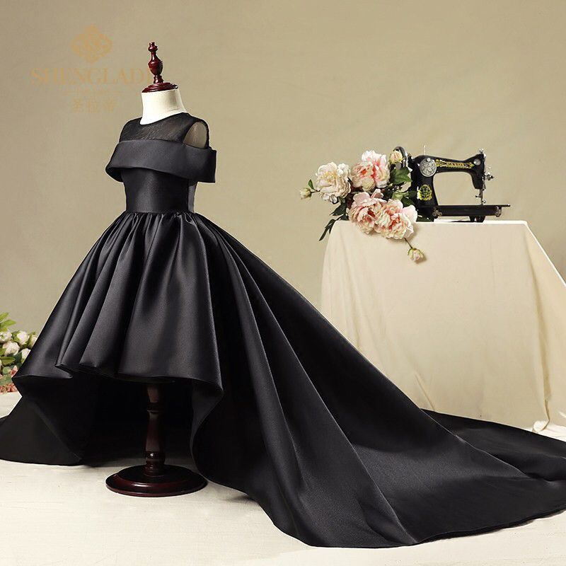 Baby Girl First Communion Dress Girl Black Big Tail Birthday Party Pageant Dress, Black / 2-3 Years (100cm)