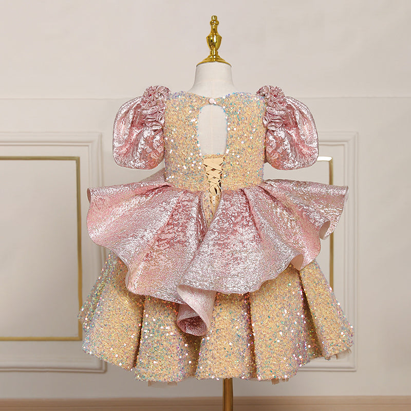 Toddler Prom Dress Girl Luxurious Sequin Big Bow Puff Sleeves Princess Birthday Dress