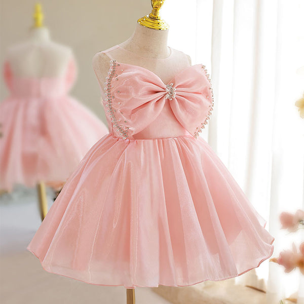 Flower Girl Dress Toddler Prom Easter Princess Pink Sleeveless Big Bowknot Beaded Party Dress