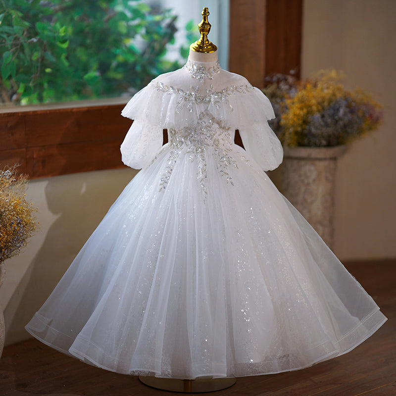Girl White Sequins Dress Toddler Puffy Birthday Dress Baby Girl Communion Dress, White / 2-3 Years (100cm) Girl White Sequins Dress Toddler Puffy Birthday Dress Baby Girl Communion Dress, White / 2-3 Years (100cm)
