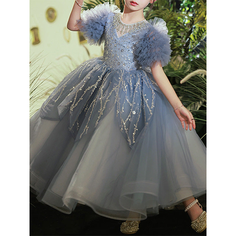 Flower Girl Dress Toddler Ball Gowns Summer Birthday Party Dress Gray Puffy Sequins Pageant Dress, Blue / 11-12 Years (160cm)