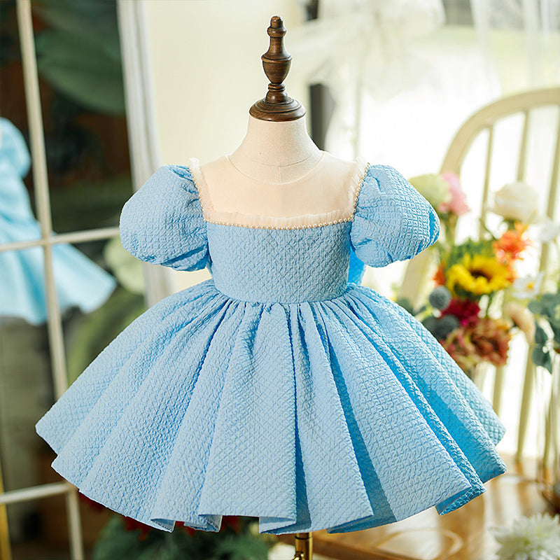 Baby Girl Dress Toddler Puff Sleeves Summer Beaded Big Bow Princess Dress