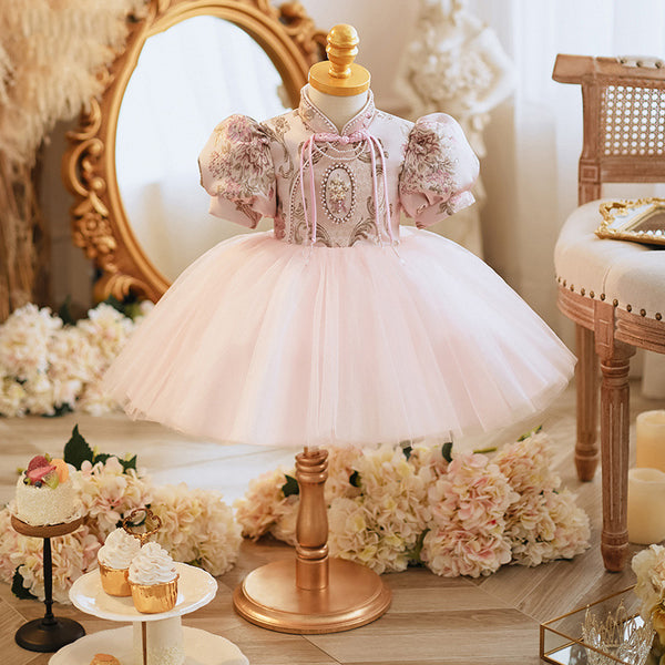 Baby Girls and Toddler Summer Pink Vintage Print Fluffy Birthday Party Princess Dress