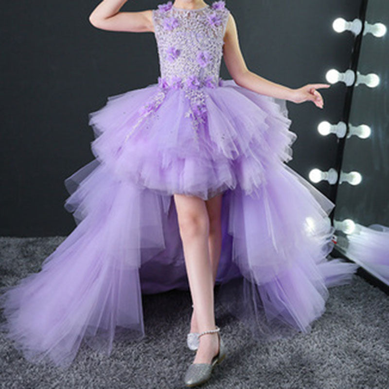 Girls Summer Communion Dress Sleeveless Sequin Embroidery Trailing Princess Dress