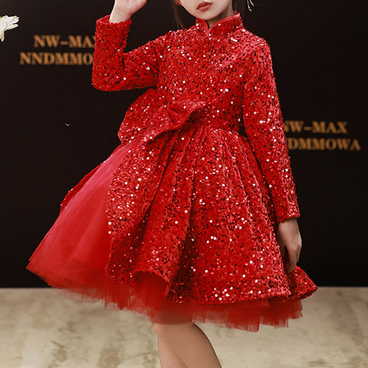 Toddler Girl Winter Red Sequin Bow Fluffy Princess Dress