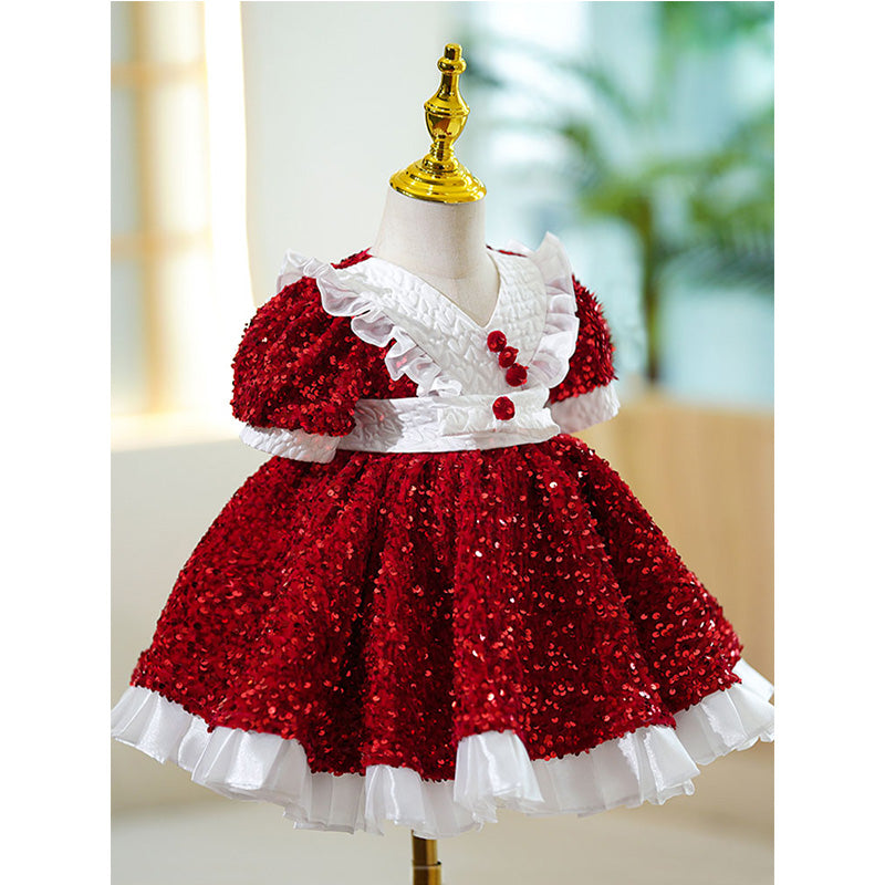 Baby Girl Red Christmas Birthday Party Dress Sequin Puffy Princess Dress