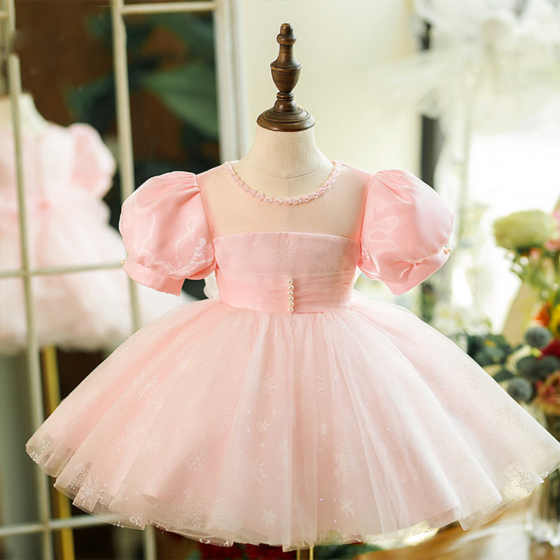 Flower Girl Dress Toddler Pink Puff Sleeves Fluffy Mesh Communion Princess Dress