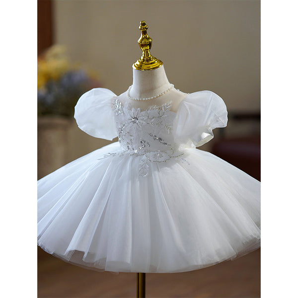 Flower Girl Dress Toddler Ball Gowns White Puff Sleeve Beaded Princess Dress