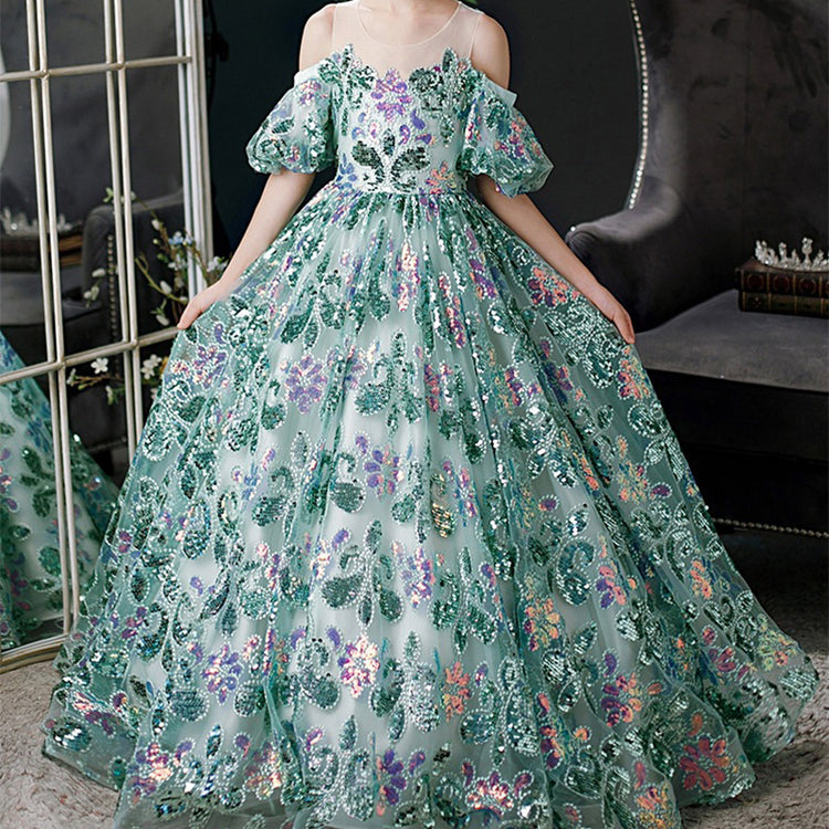 Elegant Girl Sequins Green Catwalk Piano Princess Dress