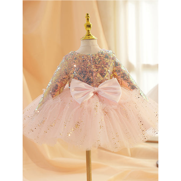Toddler Prom Dress Girl Princess Dress Autumn Sequin Bowknot Long Sleeve Party Dress