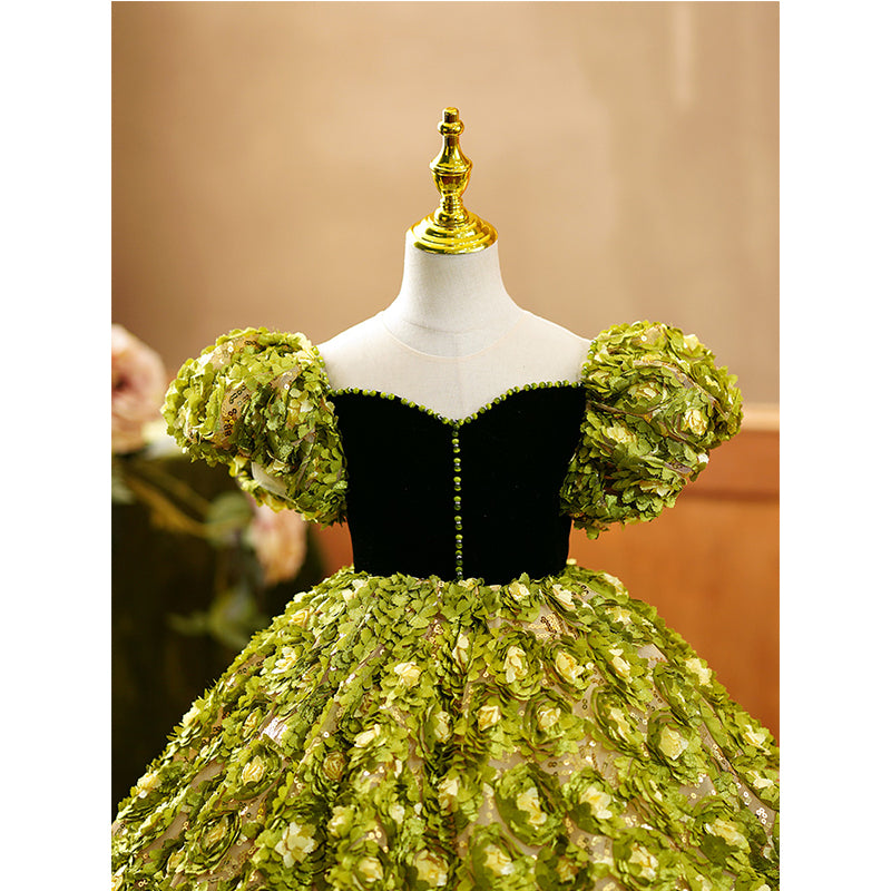 Flower Girl Dress Children Color Contrast Green Floral Puff Sleeve Trailing Princess Communion Dress